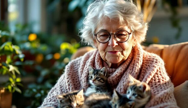 Elderly Woman with Kittens, Cozy Home - Powered by Adobe