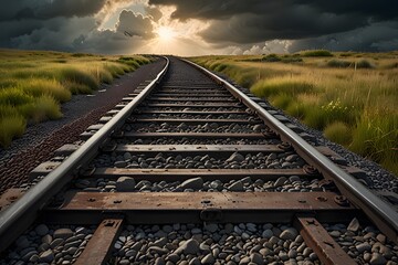 Railroad tracks on a bed of rock on a grassy surface.