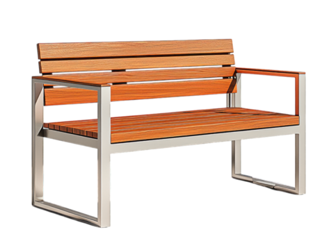 Modern outdoor bench, wood slats, metal frame