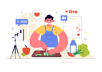 Cooking Blog Vector Illustration Featuring Young People Recording a Cooking Vlog and Preparing Food at Home in a Flat Style Cartoon Background