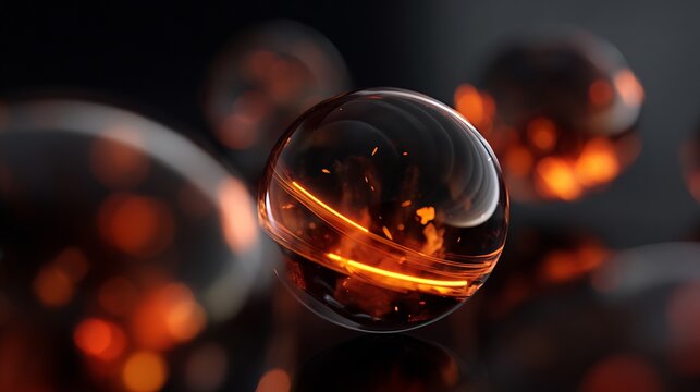 Abstract spheres with glowing trails on dark background for digital art concept