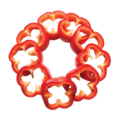 Sliced Red Bell Peppers: Flatlay of sliced red bell peppers in ring shapes, isolated PNG