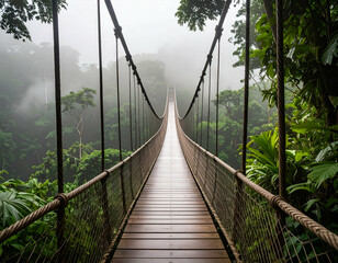 Obraz premium Misty Jungle Rope Bridge A Thrilling Visual Journey Across the Ravine