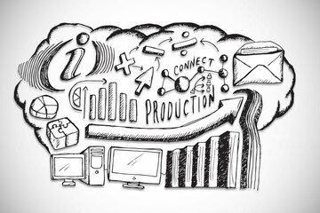 Hand-drawn sketch is illustrating cloud filled with tech icons plus upward arrow and bar charts
