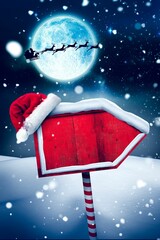 Fototapeta premium Flat design scene is showing red sign wearing Santa hat under moonlit sleigh silhouette, copy space