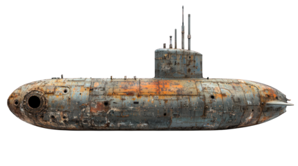 Old, rusted, grey submarine on a black background