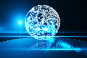 Glowing mesh sphere is floating above mirror surface in 3D render featuring lens flares and streaks