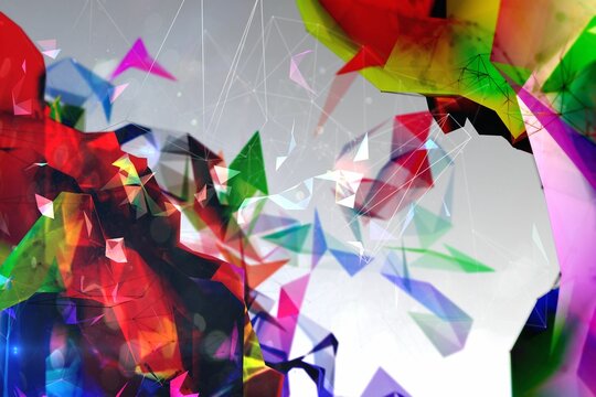 Flat design polygonal shards are swirling in gradient background with network lines, light flares - Powered by Adobe