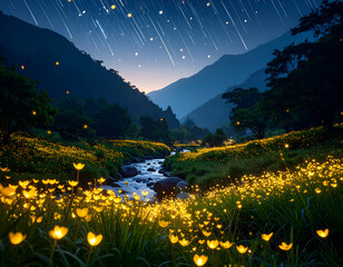 Enchanted Valley Fireflies and Meteor Shower Night Scene