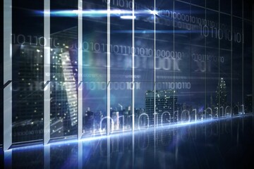 Hologram interface in office overlooking city