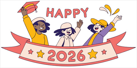 Obraz premium Happy graduation 2026 with diverse students illustration