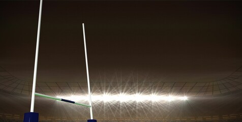 Displaying white rugby goalposts in flat design night stadium scene, featuring bright floodlights © vectorfusionart