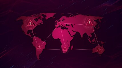 World map with several red round areas alert Science technology background. cyber attack warnings, depicting global nature cyber threats. cyberattack, Virus crisis on the World infectious virus 3D 4K - Powered by Adobe