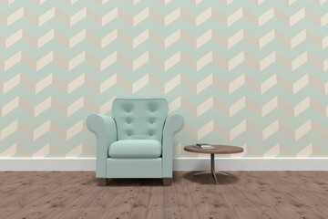 Empty armchair and wooden table on hardwood floor against wall