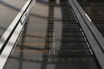 Flat design is depicting rack-mounted servers glowing orange and white LED lights behind glass door