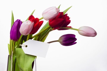Tulip bouquet is being shown in flat design with glass vase and blank tag, copy space