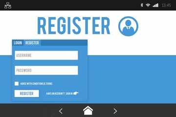 Displaying flat register form on mobile screen, showing user or pass fields, checkbox, register butt