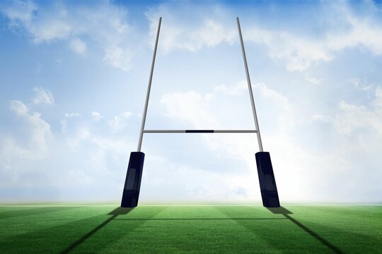 Fototapeta Flat design illustration is showing rugby goalposts standing on grass field under cloudy blue sky