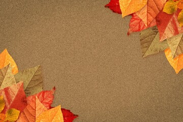 Flat design clustering maple-oak leaves layering on corklike brown background, forming fall motif