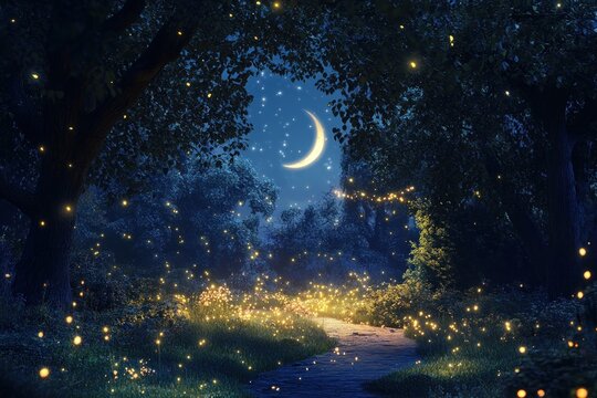 Enchanted night garden with glowing fireflies and crescent moon overhead