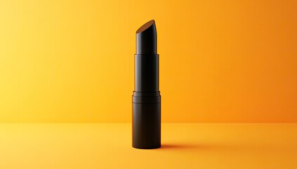 A black lipstick tube against an orange background