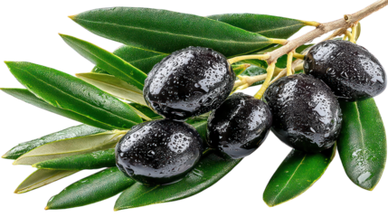 Olives on branch with leaves, wet, glossy and dark