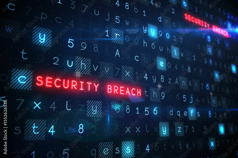 Poster Red neon SECURITY BREACH text is glowing on dark flat design interface with floating code blocks