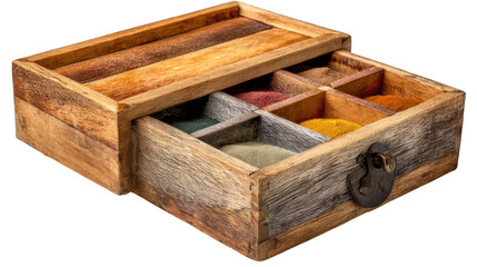 Open wooden box with colorful powders in grid