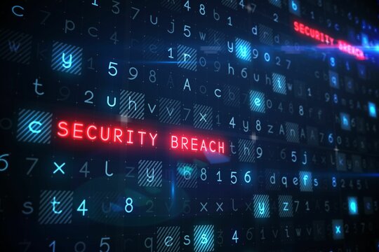 Red neon SECURITY BREACH text is glowing on dark flat design interface with floating code blocks