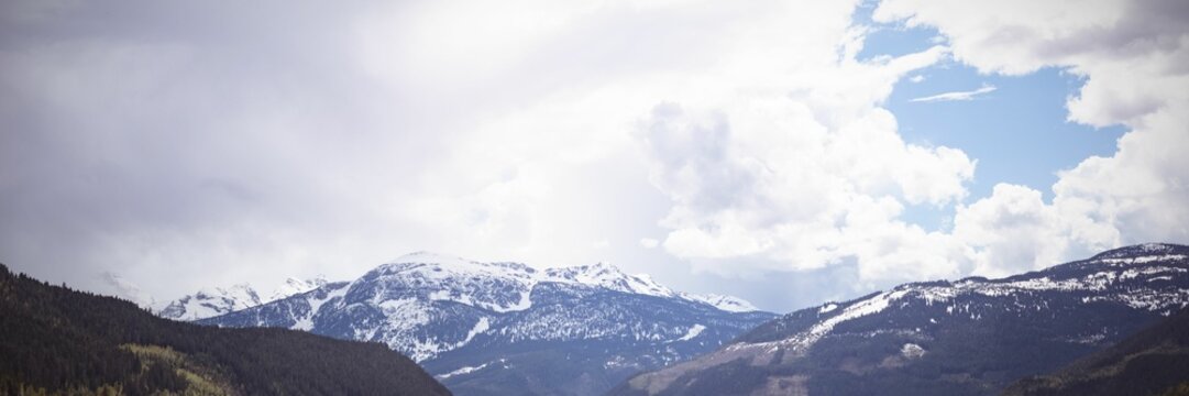 Fototapeta Flat illustration is showing snow-capped mountains above coniferous valley with cumulus clouds