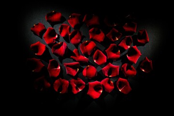 Fototapeta premium Scattered red rose petals