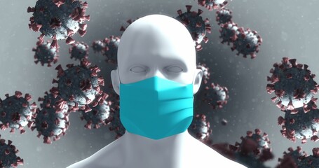 Covid-19 cells against human head model wearing mask