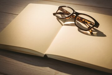 Eyeglasses on book at wooden desk