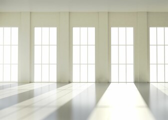 Interior hall is showing luminous windows casting reflective shadows on shiny floor in flat design