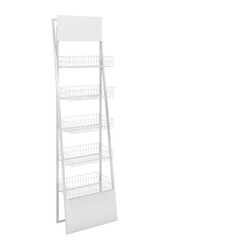 A tall, white display rack with multiple wire baskets for organizing or showcasing items.
