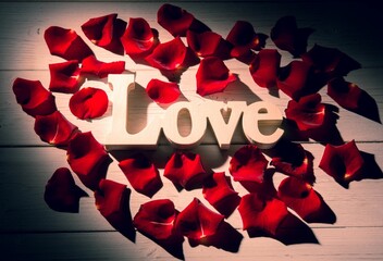 Obraz premium Wooden Love cutout is resting on flat illustration wood surface, with red rose petals forming heart