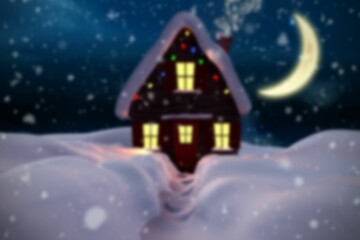 Flat illustration cabin is glowing through yellow windows under starry night sky with string lights