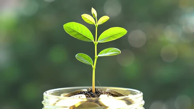 Budding Growth: A sapling grows from a jar filled with coins, symbolizing the blooming of an investment or the nurturing of financial prospects.