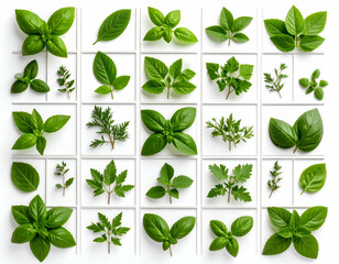 Geometric Grid of Fresh Herbs A Vibrant Collection of Green Leaves