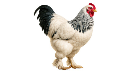 Fototapeta premium Large White Rooster with Black Tail and Feathered Legs.