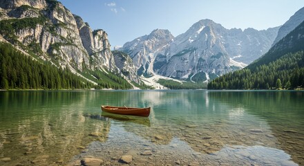 Mountain lake with canoe