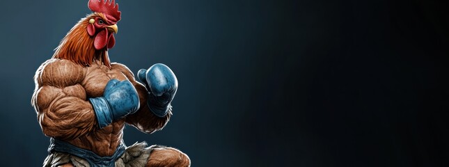 3D render of rooster with boxing gloves, standing on hind Muscle chicken gesture fist pump