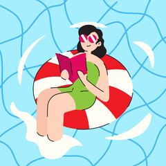 A Woman Reading On A Pool Vector Flat Illustration
