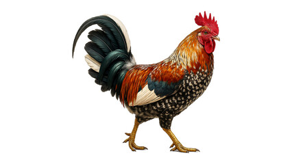 Fototapeta premium Colorful village rooster with striking plumage and curved tail standing on clean white background.