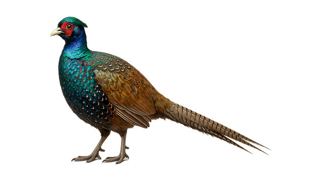 Long-tailed male pheasant with iridescent green and blue plumage on plain white background. - Powered by Adobe