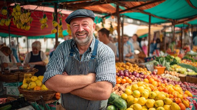 Cheerful mature caucasian male vendor at vibrant farmers market stall with fresh produce - Powered by Adobe