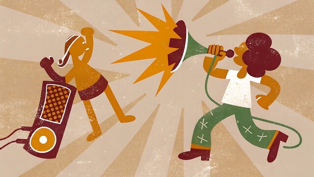 Two diverse people celebrating with music and a megaphone announcement