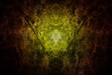 Abstract kaleidoscopic grunge pattern is radiating yellow-green core through brown-black strokes