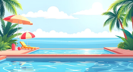 Vacation spot, Poolside, Luxury resort, Beach resort, Clear blue water, Pool view, Summer holiday, Tropical paradise, Sun loungers, Umbrellas by pool, Exotic destination, Relaxation spot, Island resor