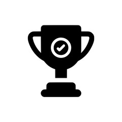 Bold black icon of a trophy with shield and checkmark, symbolizing certified victory, safety, or accomplishment.
